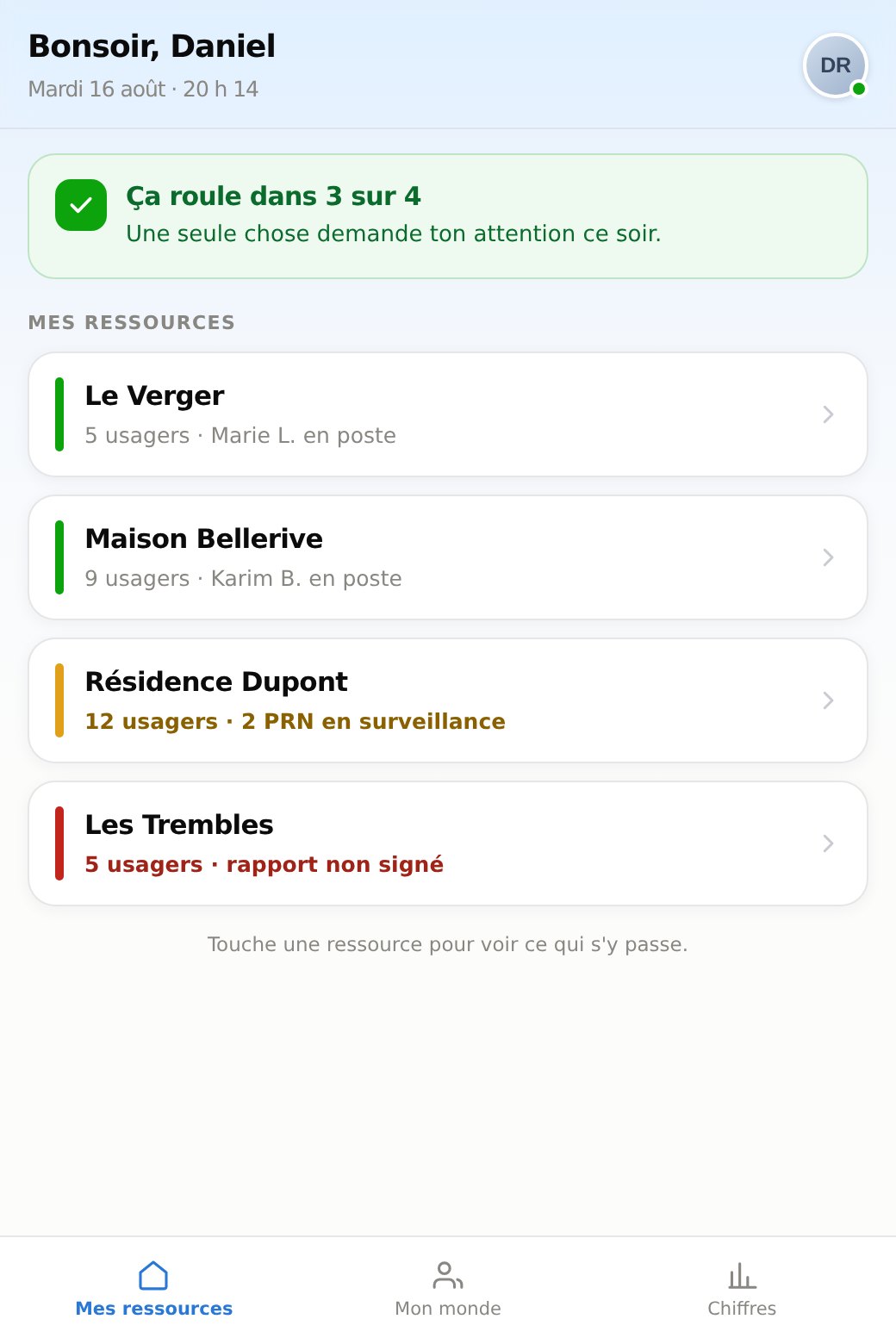 Le propriétaire voit ses quatre ressources depuis son téléphone